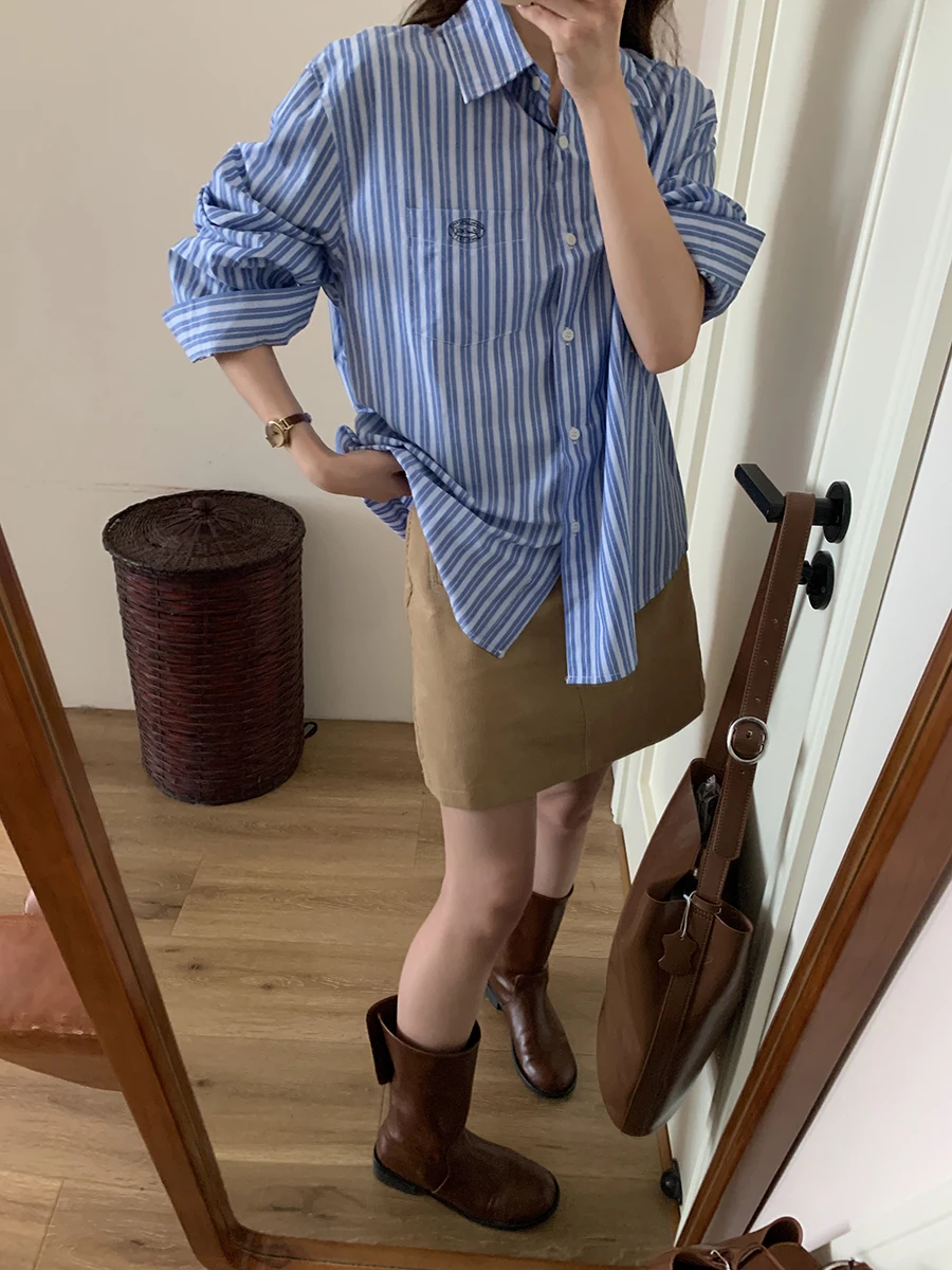 

Классическая женская рубашка Uniko с синими и белыми вертикальными полосками, свободного кроя, в корейском стиле, универсальный топ для осеннего сезона