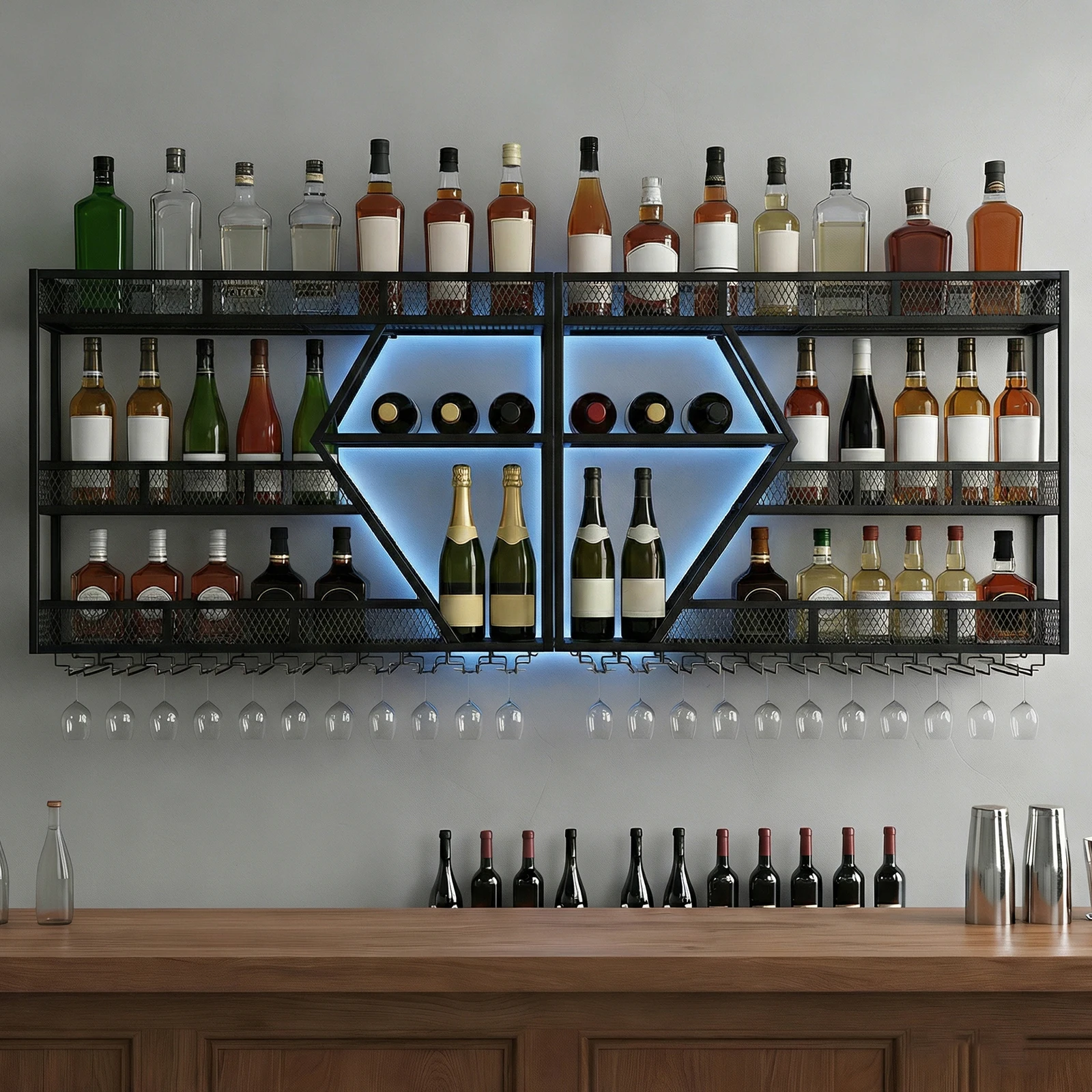 

Настенная металлическая подставка для вина на 3/4 уровня с держателями для бутылок и стаканов для кухни, столовой, дома