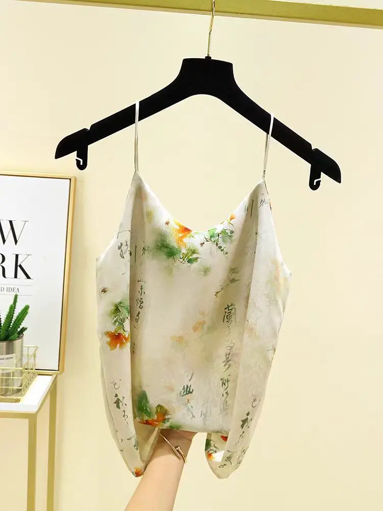 

2024 New Oil Painting Halter Vest Female High Quality Satin Soft Tank Top Camisole Feminine