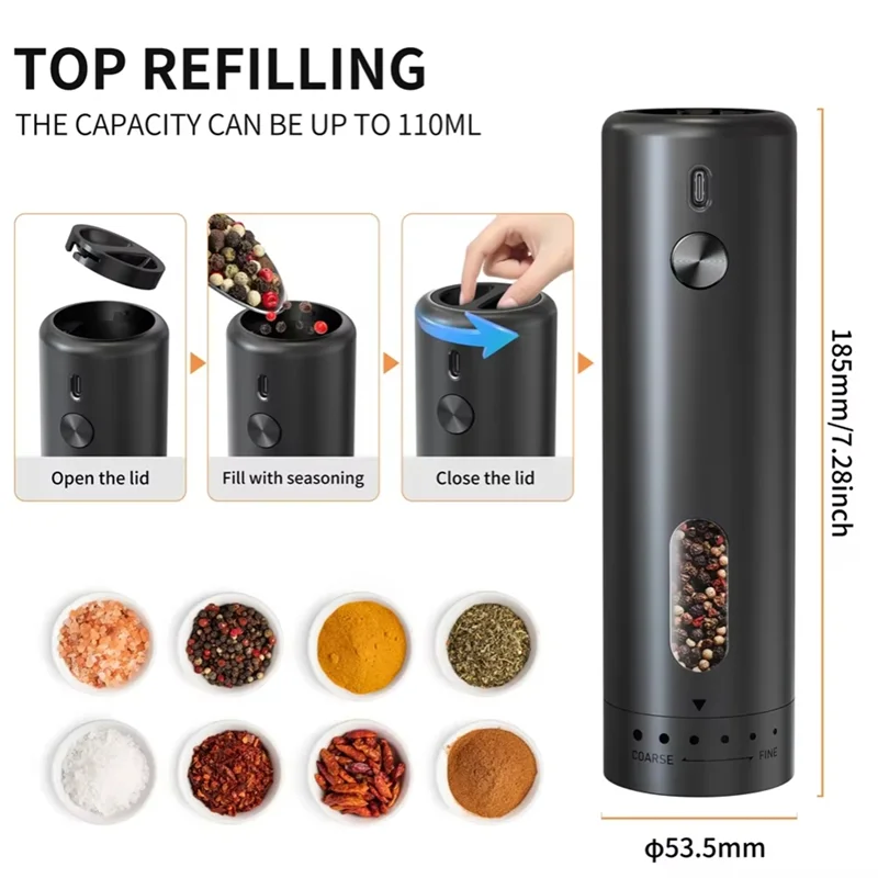 B98A-Larger Capacity Upgraded Electric Salt Pepper Grinder Set, Rechargeable Salt And Pepper Shaker With LED Light