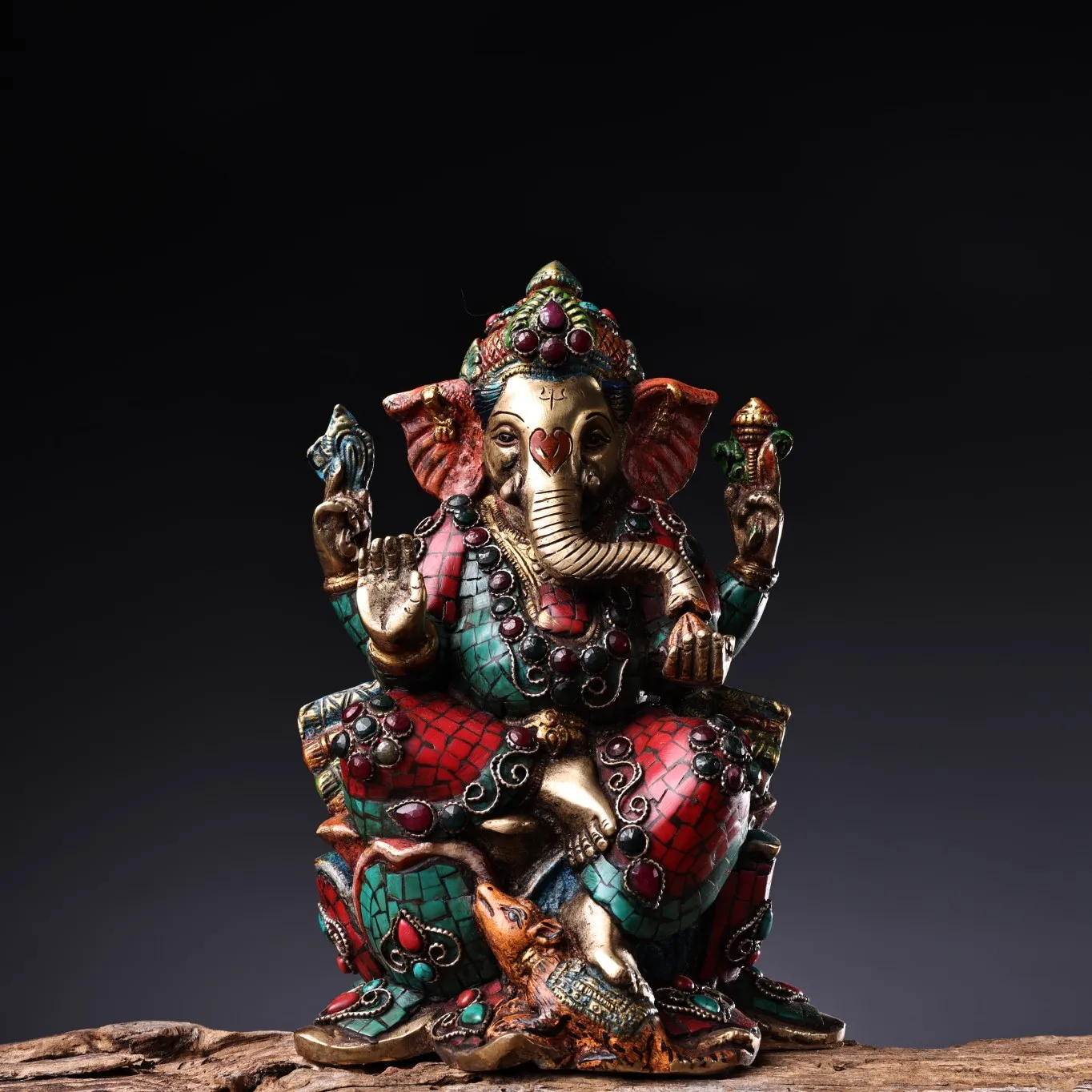 

10"Tibetan Temple Collection Old Bronze Outline in gold Mosaic Gem Turquoise Elephant trunk God of wealth Ganesha Worship Hall