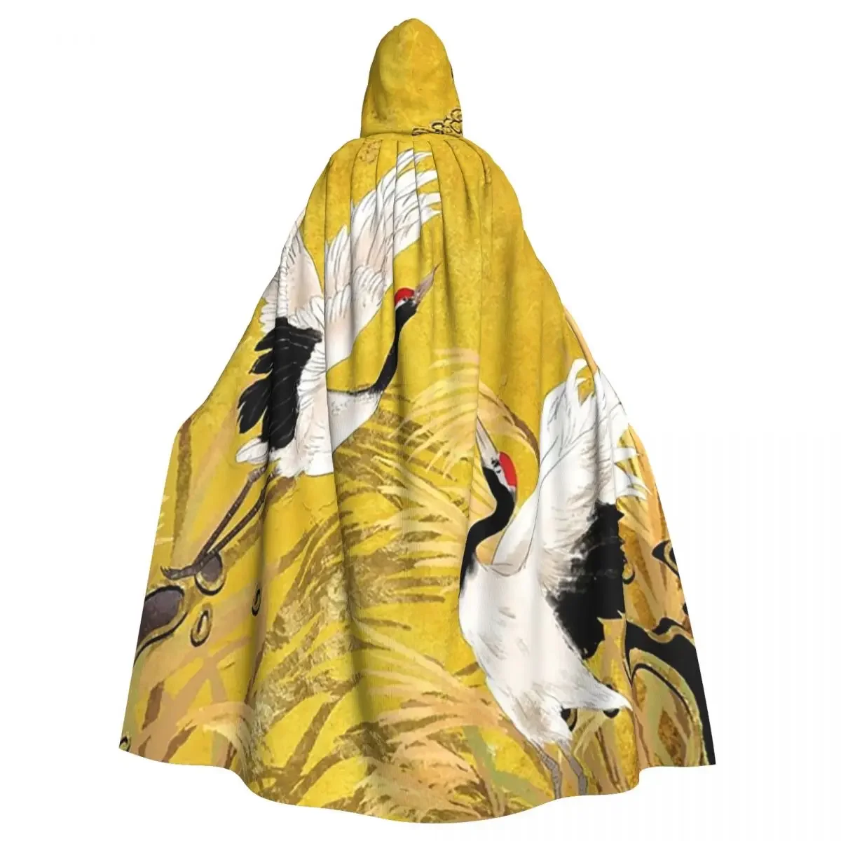 Golden Japanese Cranes Oriental Traditional Long Hooded  Witch Medieval Costume Cosplay Cape HalloweenVampire Adult Unisex