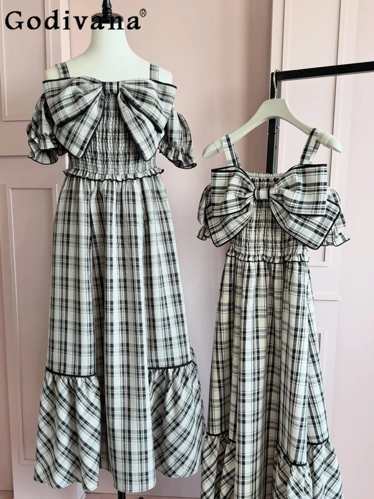 

Japanese Style Women's Sweet Big Bow Plaid Long Dress Summer Girls Female Slim-Fit Elegant Basic Casual Daily Y2k Dressrs Jsk