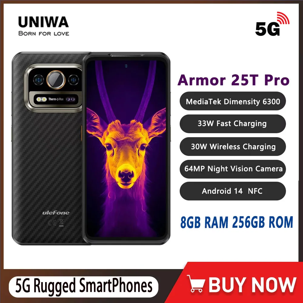 Ulefone Armor 25T Pro 5G Rugged Smartphones 6.78Inch 8GB+256GBThermal Image 6500mAh 33W Fast Charge Android 14 Mobile Phone NFC