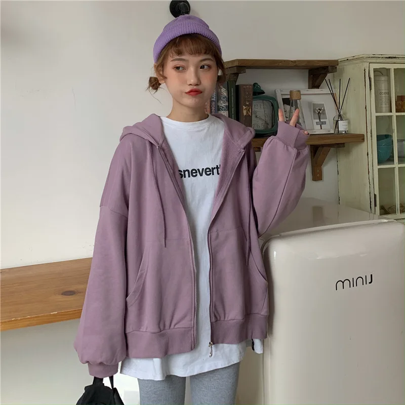 Women Harajuku Zip Up Hoodie Vintage Long Sleeve Oversized Solid Color Hoodies Autumn Korean Style Pocket Drawstring Sweatshirt