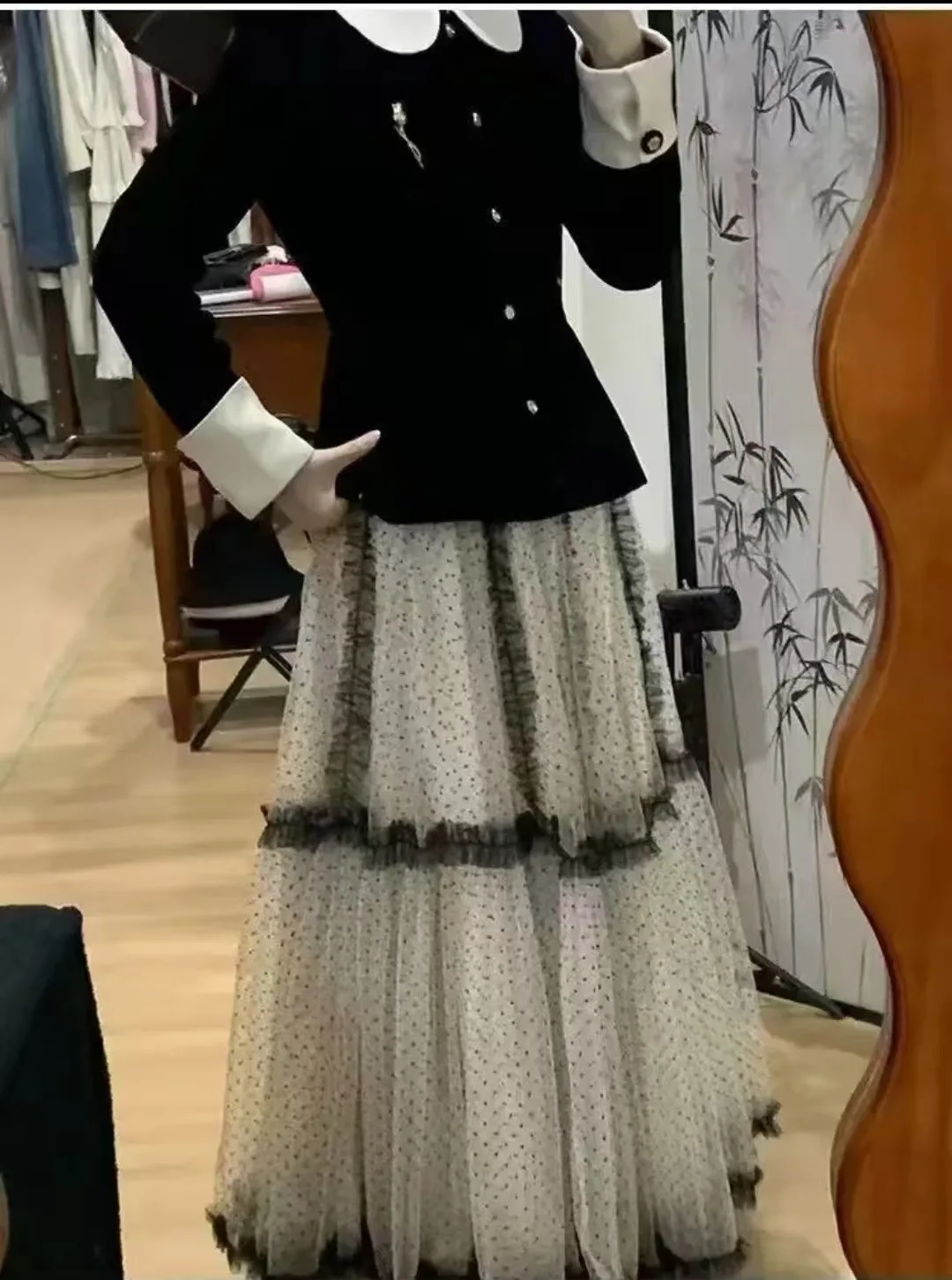Lace-Patched Polka Dot Double-Layer Midi Skirt for Women, 2025 Summer Lazy Chic