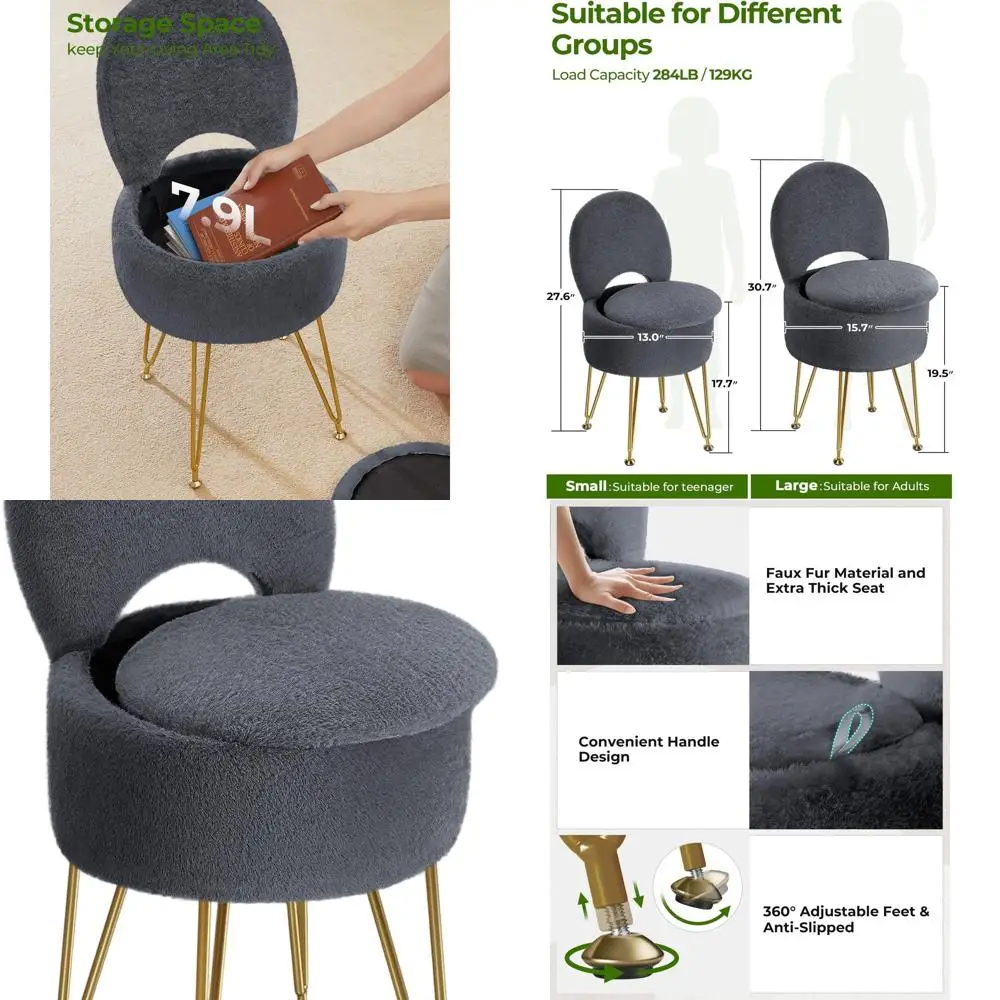 

Компактный пуф-кресло из искусственного меха с отсеком для хранения и откидной спинкой, серый, для подростков, 13 x 13 x 17.7, металлические ножки с противоскользящим покрытием
