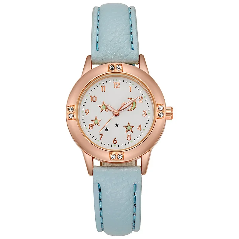 Reloj de cuarzo luminoso para niñas y mujeres, pulsera de cuero, informal, lindo, estrella, Luna, nuevo