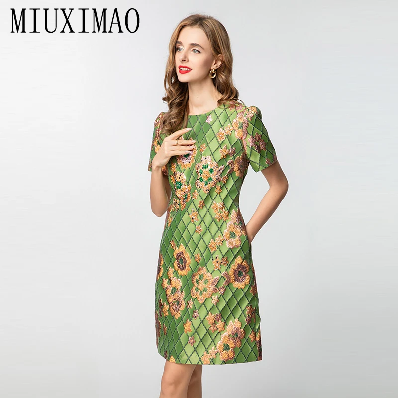 MIUXIMAO 2025 mode Royal luxe Jacquard robes d'été 3D fleurs diamants robe a-ligne courte robe verte femmes Vestides