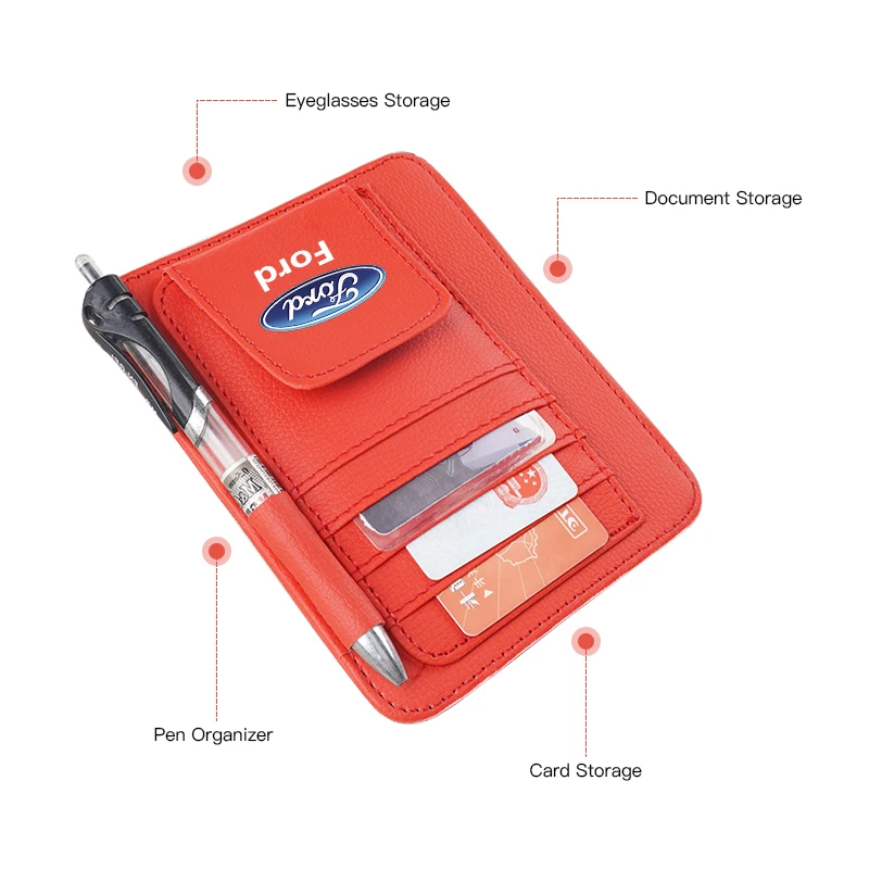 Car PU Leather Sun Visor Sunglasses Ticket Card Storage Bag Accessories For Ford ST Line Focus Fiesta Puma Ranger Kuga MAX F150