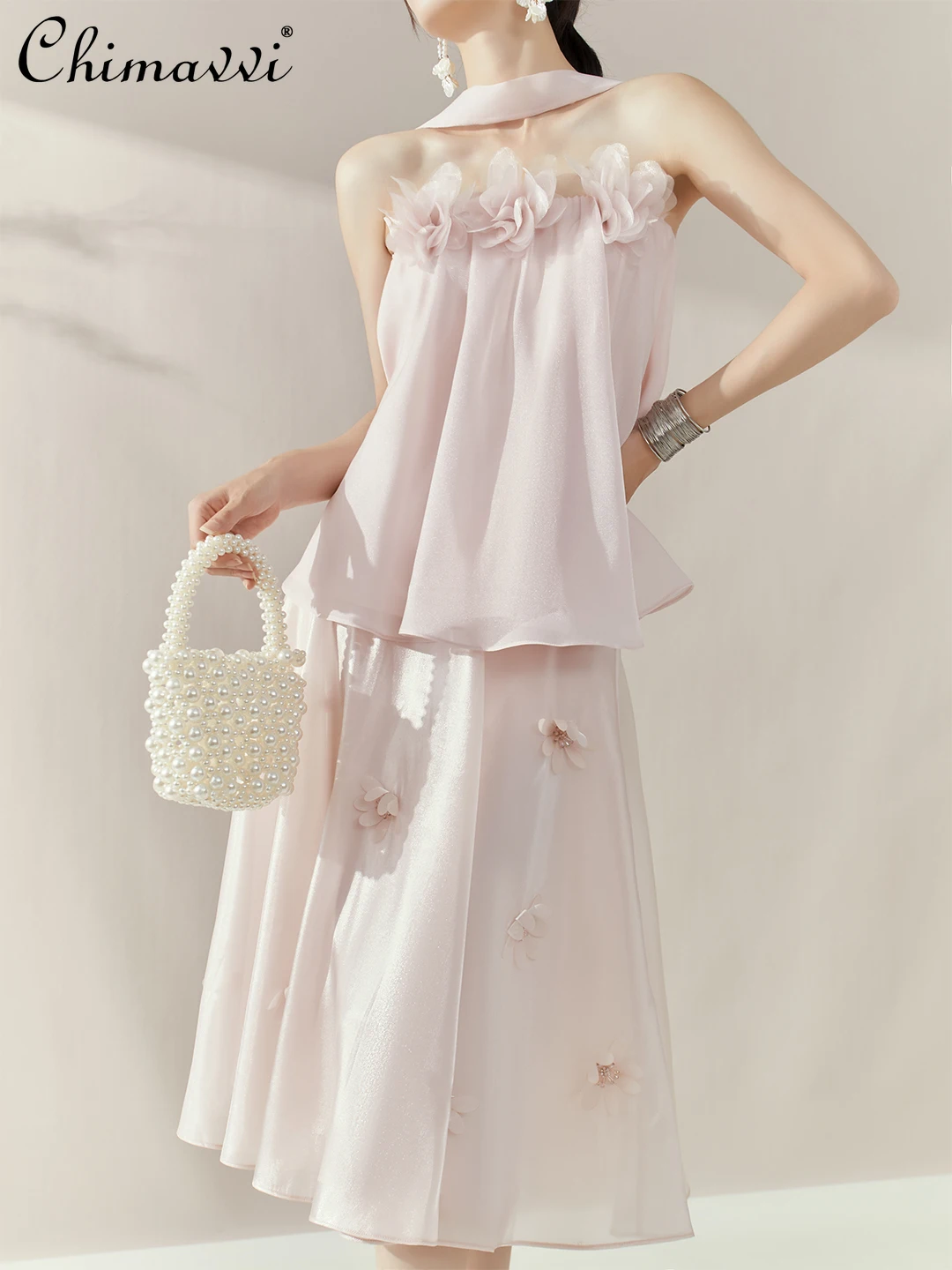 

French Elegant Temperament 3D Flower Sleeveless Off-shoulder Tops High Waist A-line Skirts Casual Two-piece Sets Women Summer