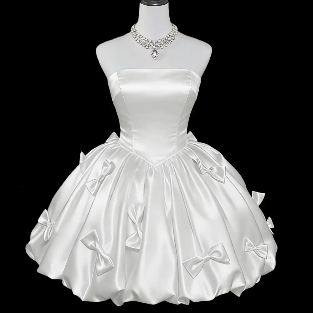 Strapless short ball gown, fitted bodice and fluffy skirt decorated with 3D bows. Custom size available, lovely bridal dress for