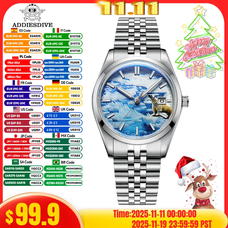 

ADDIESDIVE NEW Watch For Men Glacier Dial Jubilee Strap BGW9 Luminous 100m Waterproof Automatic Mechanical Watches