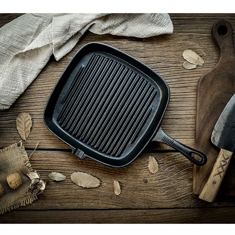 مقلاة 22/24 سنتيمتر غير لاصقة الحديد الزهر شريط سميكة القاع حديقة المنزل شواء قدر ستيك مقلاة