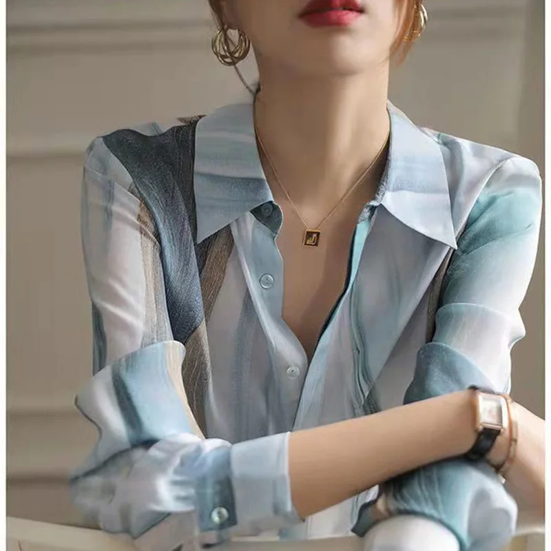 Fashion Lapel Printed Spliced Button Loose Chiffon Shirt Summer and Autumn New Casual Tops Commute Fashion Woman Blouses 2022