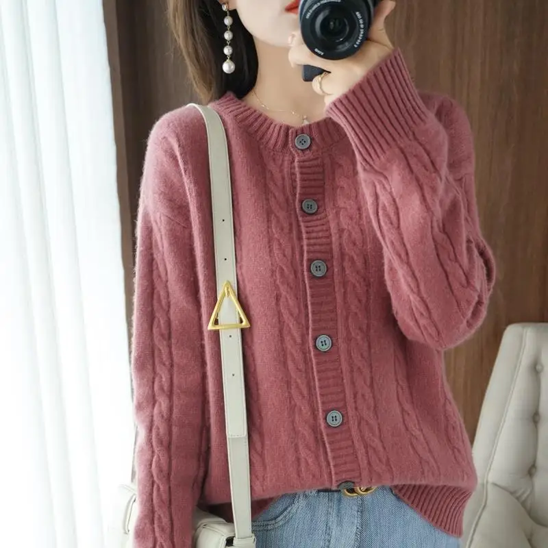 Women Autumn and Winter New Crew Neck Retro Solid Color Cardigan Button Sweater Loose Versatile Thicken Knit Long-sleeved Top