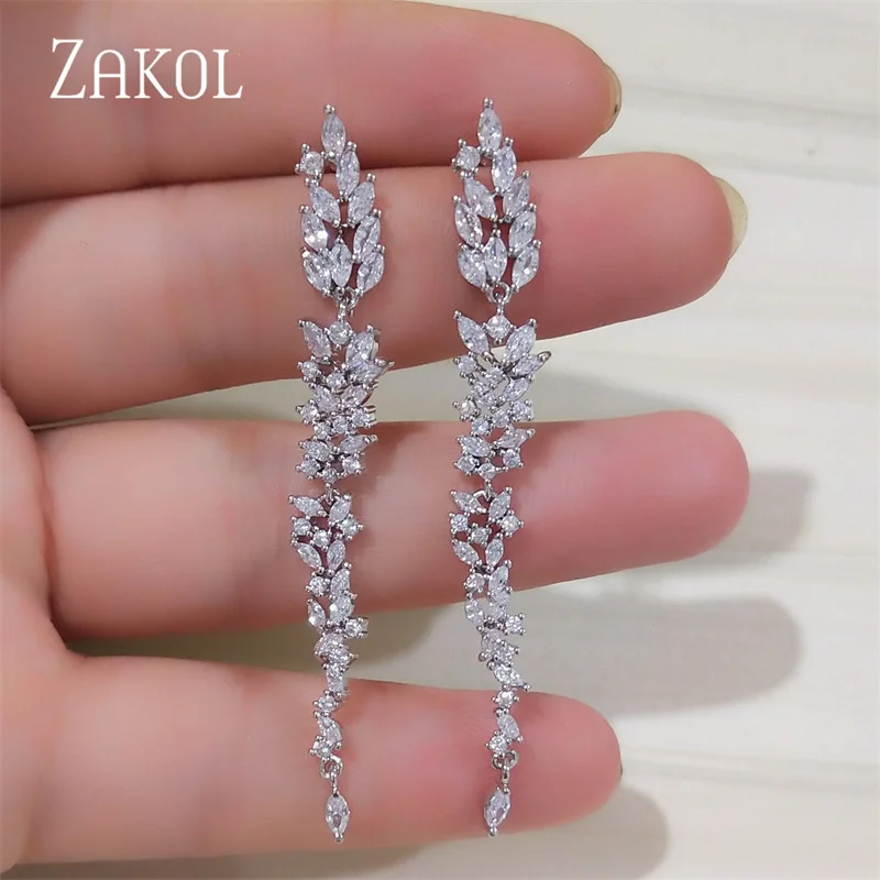 ZAKOL Trendy Cubic Zirconia Leaf Drop Earrings for Women Fashion Marquise Bridal Wedding Dress Jewelry