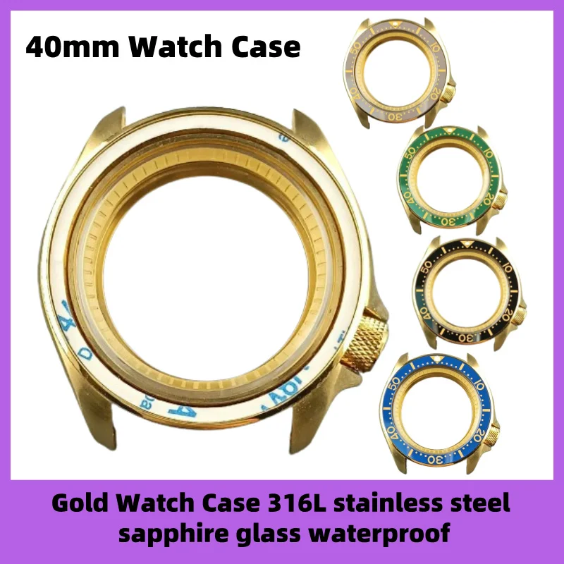 

40mm SKX007 NH34 NH35 NH36 movement Gold watch case 316L stainless steel flat sapphire glass 10bar waterproof fit 28.5mm dial