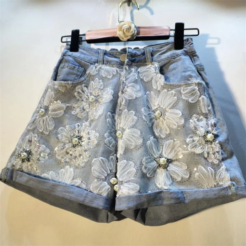 

Summer new lace pearl fashion shorts beaded sequins mesh high waist wide leg denim shorts women