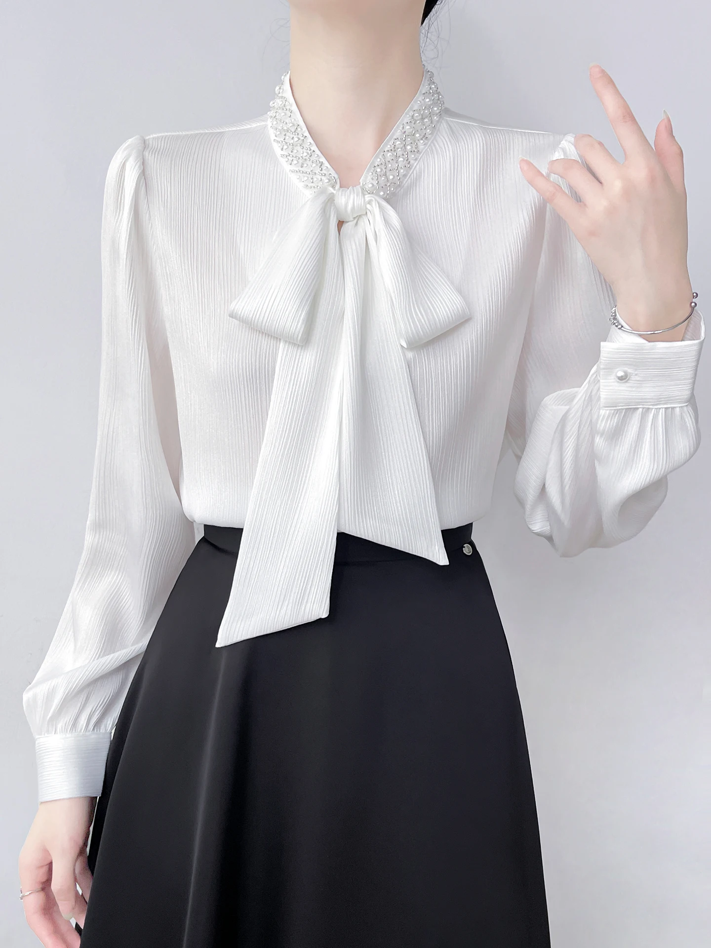 

Korean Style V-Neck Long Sleeve Knot Satin Shirt Women's Professional Commute White Shirt Loose Fit Breathable Poly...