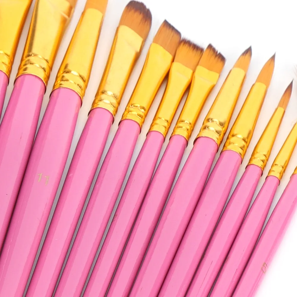 12PCS Nylon Bristle Nylon Paint Brush Set Mixed Tips Triple Color Rods Art Painting Brushes Solid Handle