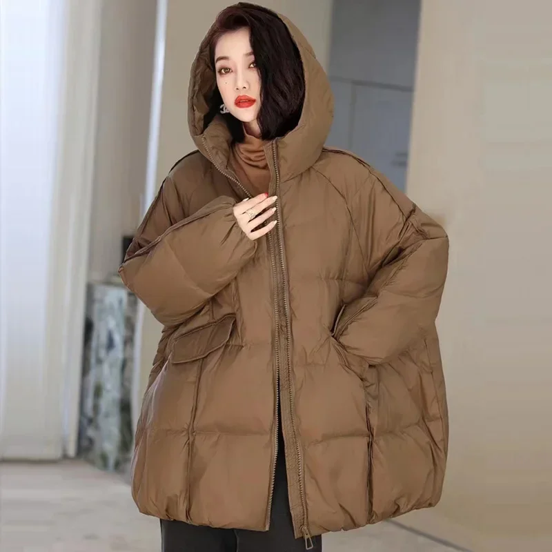 Jaqueta feminina 90% pato branco para baixo jaqueta com capuz outono inverno quente oversize puffer casaco casual solto grosso parkas feminino outwear