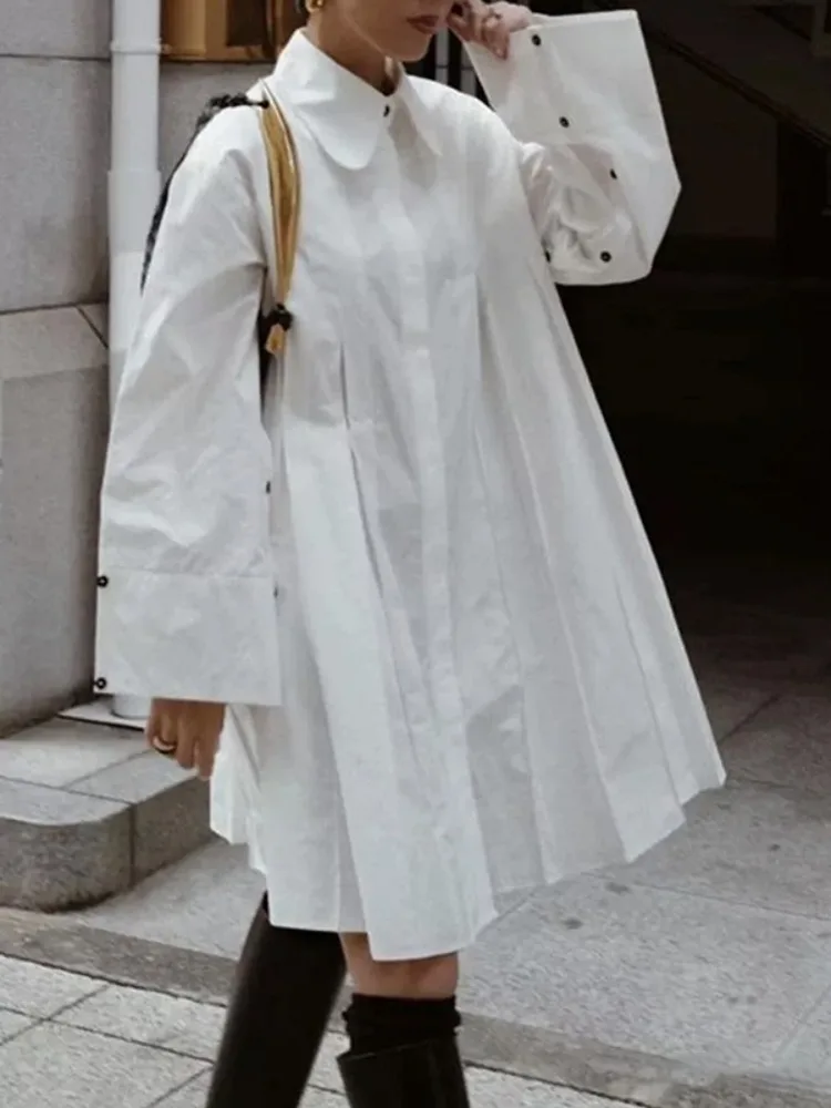 UOOZEE Women's Buttoned Pleated Cotton Blend Mini Dresses Long Sleeves Loose Black White Color Urban Casual Lapel Shirt Dress