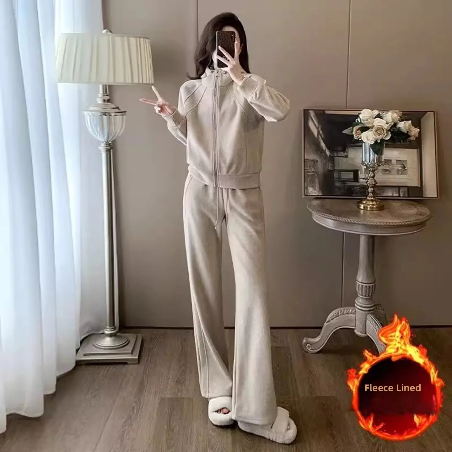 

Корейский повседневный комплект спортивной одежды, женский осенне-зимний утягивающий простой свитшот на молнии, широкие брюки, комплект из двух предметов