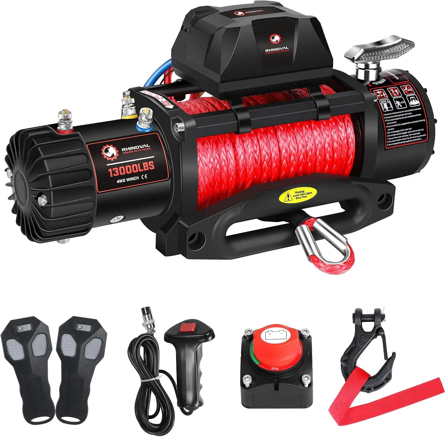 13000lb Electric Winch, Synthetic Rope, Battery Disconnect Switch, Low Profile Control Box, 12V, IP67 Waterproof, Wireless