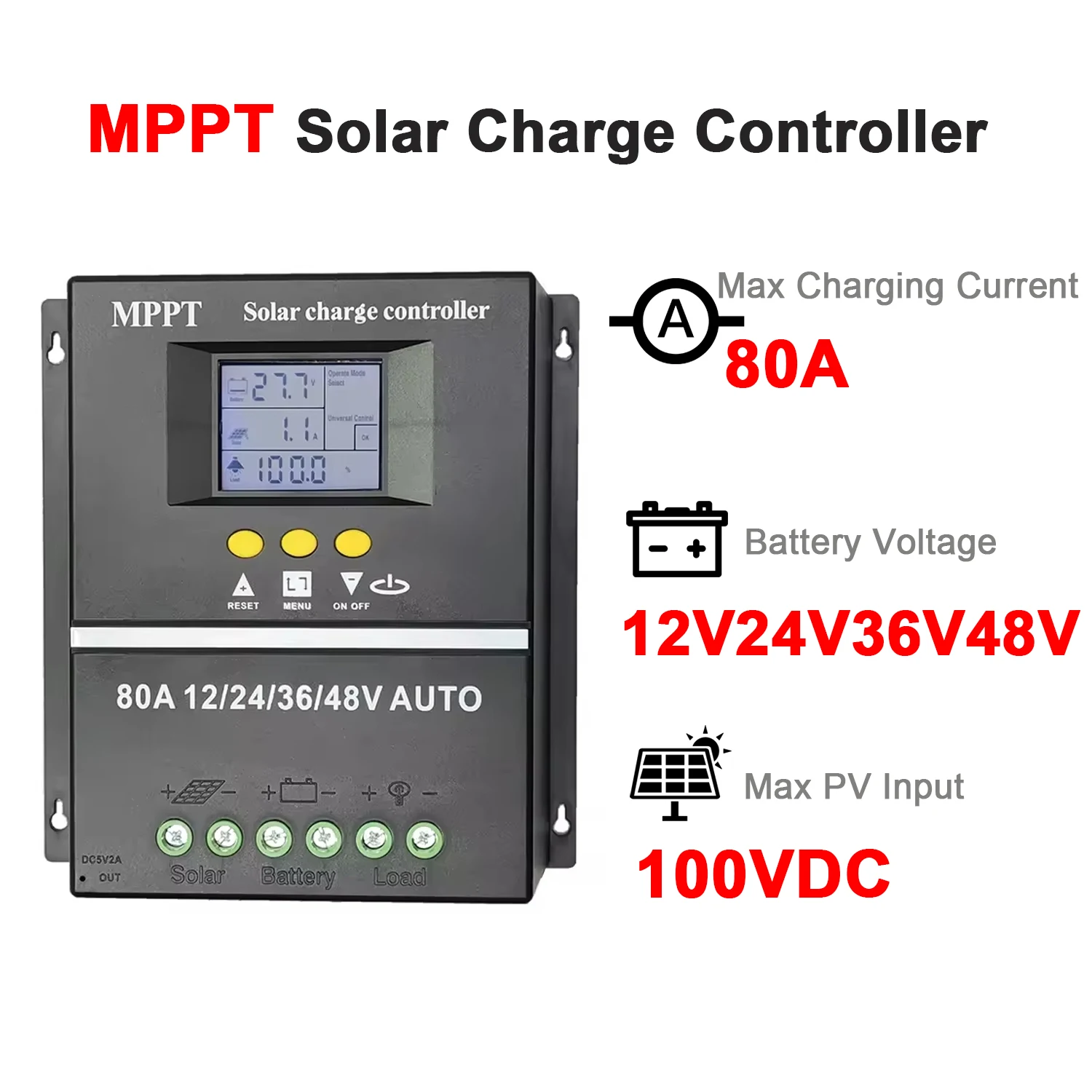 

MPPT 80A Solar Charge Controller with LCD Dual USB Output 12V 24V 36V 48V Lead Acid Lithium Batteries Charger