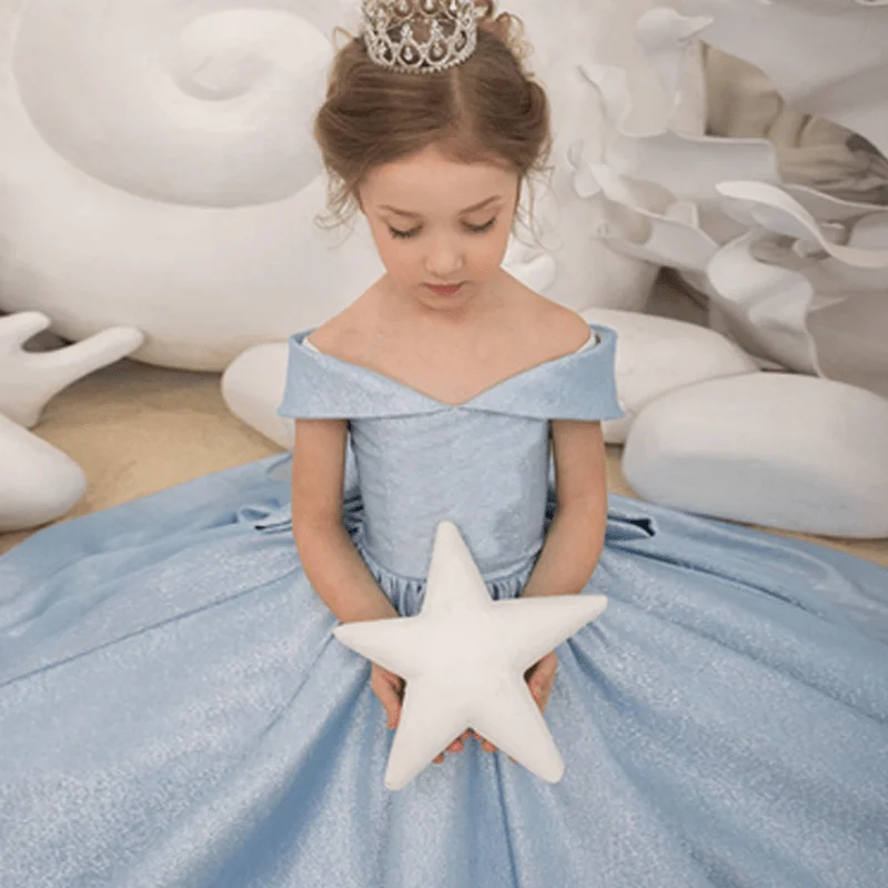 Baby Girl Princess Blue Bow Dress Infant Toddler Child elegante Shoulderless Vestido Birthday Party Summer Baby Clothes 18M-14Y