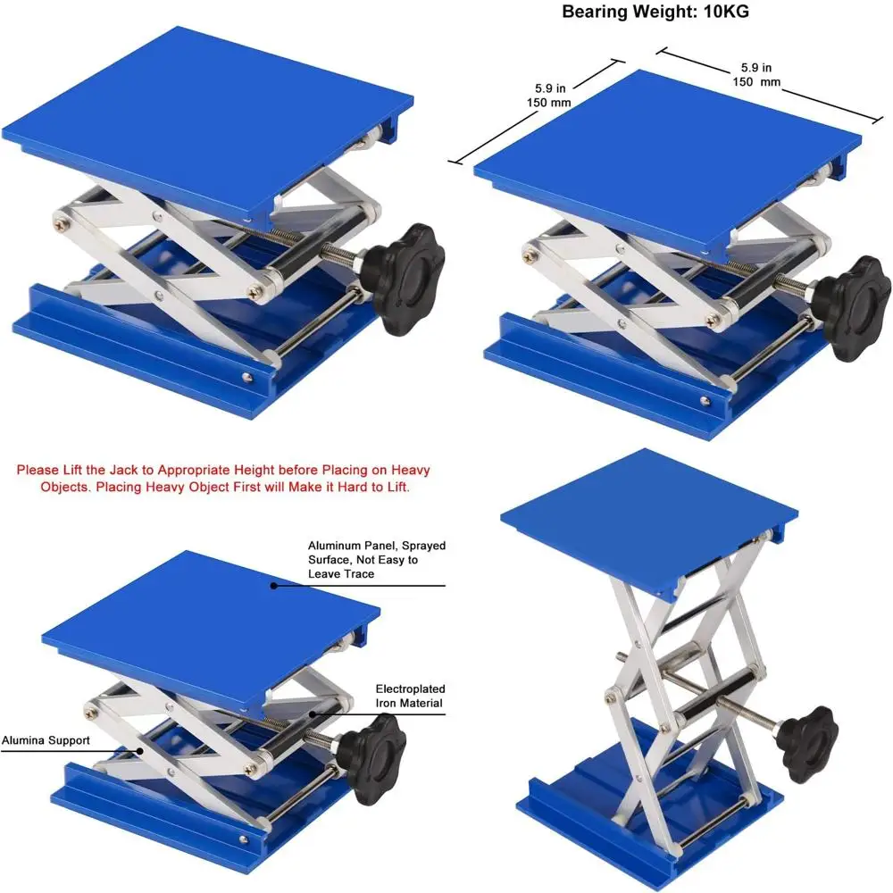 

Adjustable Lab Scissor Jack Stand with 10kg Load Capacity, 63-260mm Range, 150x150mm Top Deck