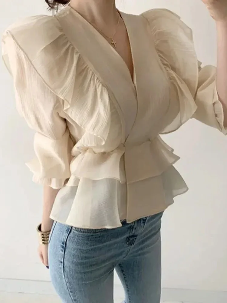 

Женский шифоновый топ с V-образным вырезом, длинным рукавом и поясом