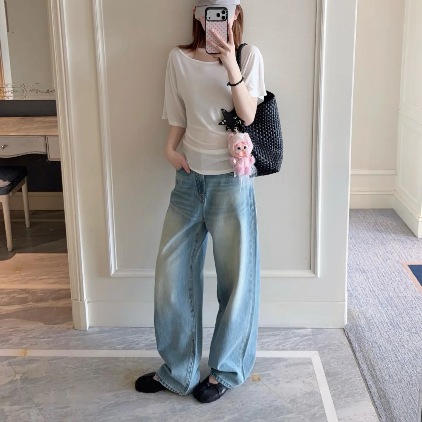 

Sexy Low Rise Denim Jeans Women's Loose Hip Covering Fashionable Straight Leg Non-Stretch Casual Pants Light Blue Color