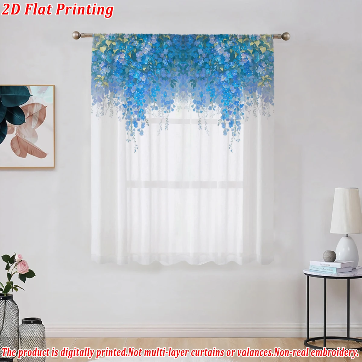 ستارة شفافة بطباعة مسطحة على شكل زهور زرقاء، قماش خفيف، لغرفة المعيشة وغرفة النوم وباب المنزل ونافذة الديكور