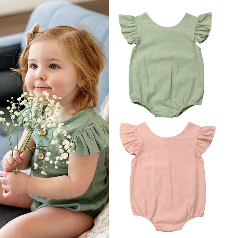 Summer Baby Girls Solid Color Rompers Cotton Infant Romper Ruffles Fly Sleeve Toddler Playsuit Jumpsuits Cute Baby Clothes