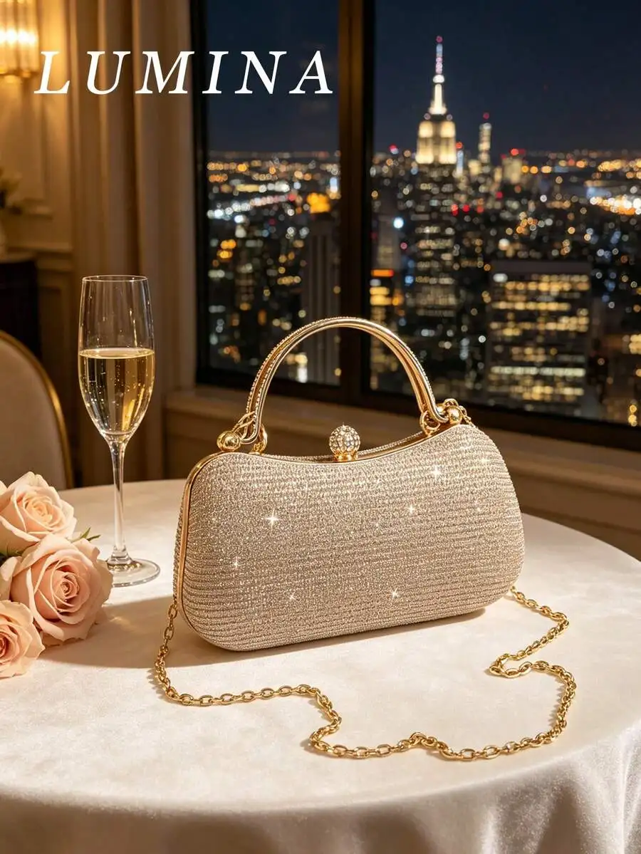 

Elegant Crystal-Embellished Mini Clutch With Gold Chain Handle For Evening Wedding Prom And Holiday Events