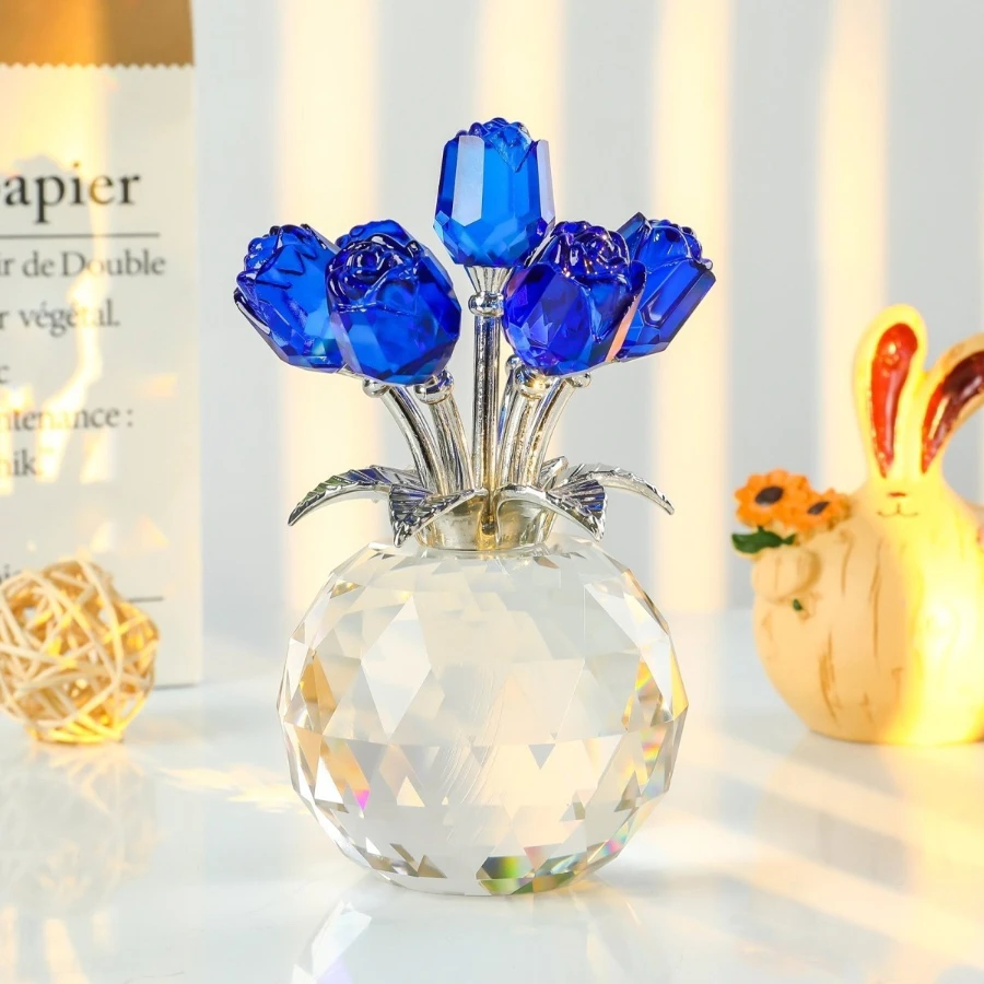 Ramo  rosas rojas  cristal con jarrón redondo, figuritas, regalos para mujeres, adorno  ramo  cristal, regalos romántico