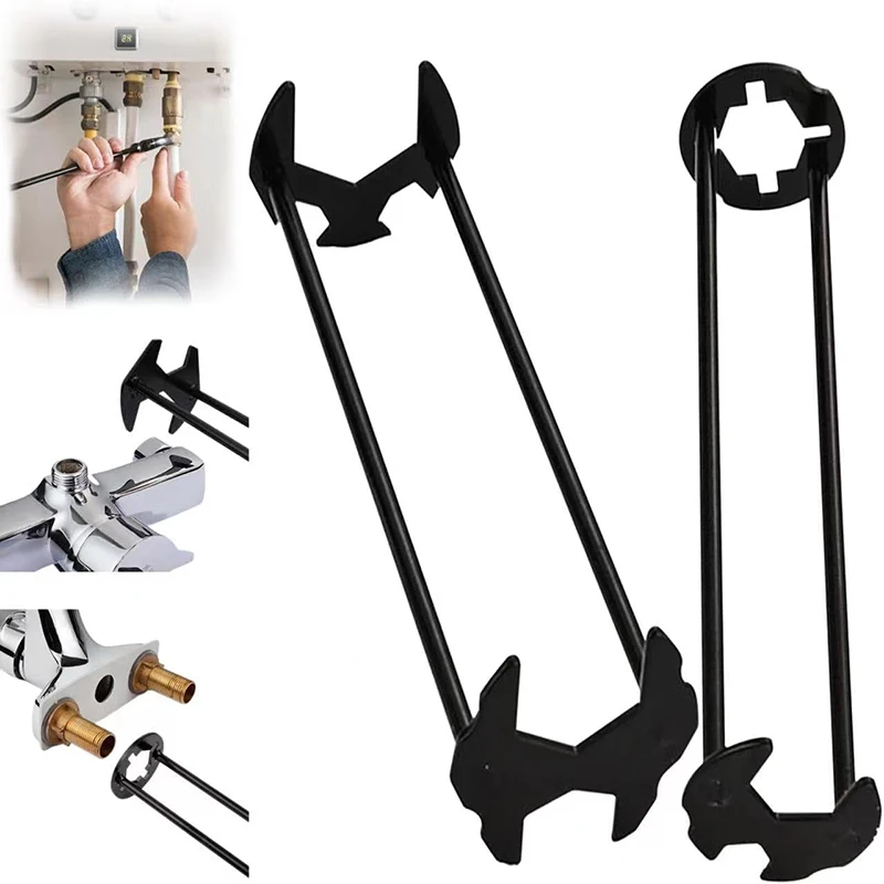 1PCS Basin Wrench 2 Sizes Plumbers Wrench Four-Jaw Hex Under Sink Wrench Faucet Tool Multifunctional Steel for Tight Spaces