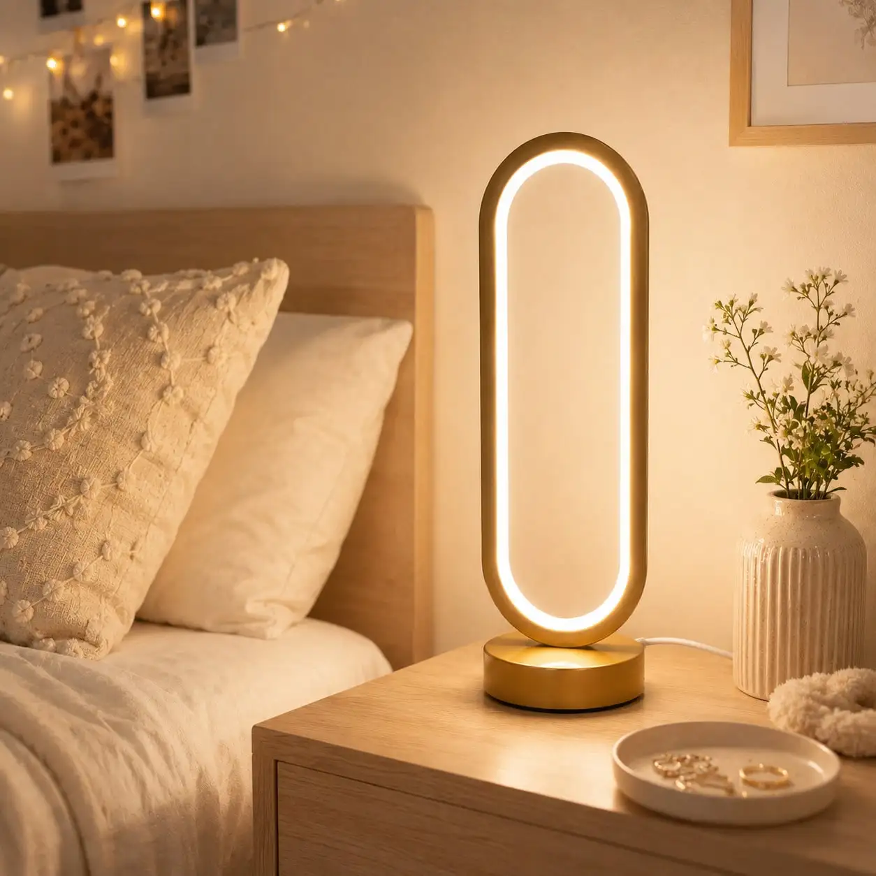 Small Gold Table Lamp, Race Track Shape 3 Color Dimmable USB Acrylic Desk Nightstand Light For Bedroom Living Room Christmas Decor