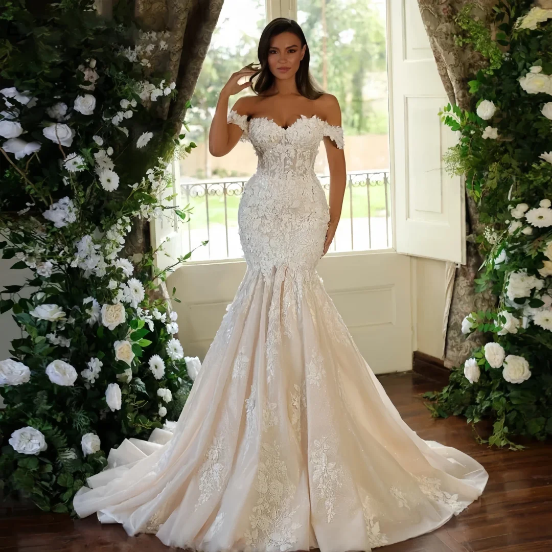 

Austomized Luxury Mermaid Bridal Gowns Short Sleeve Applique Lace Wedding Dresses Princess Bride Dresses Vestidos De Novia