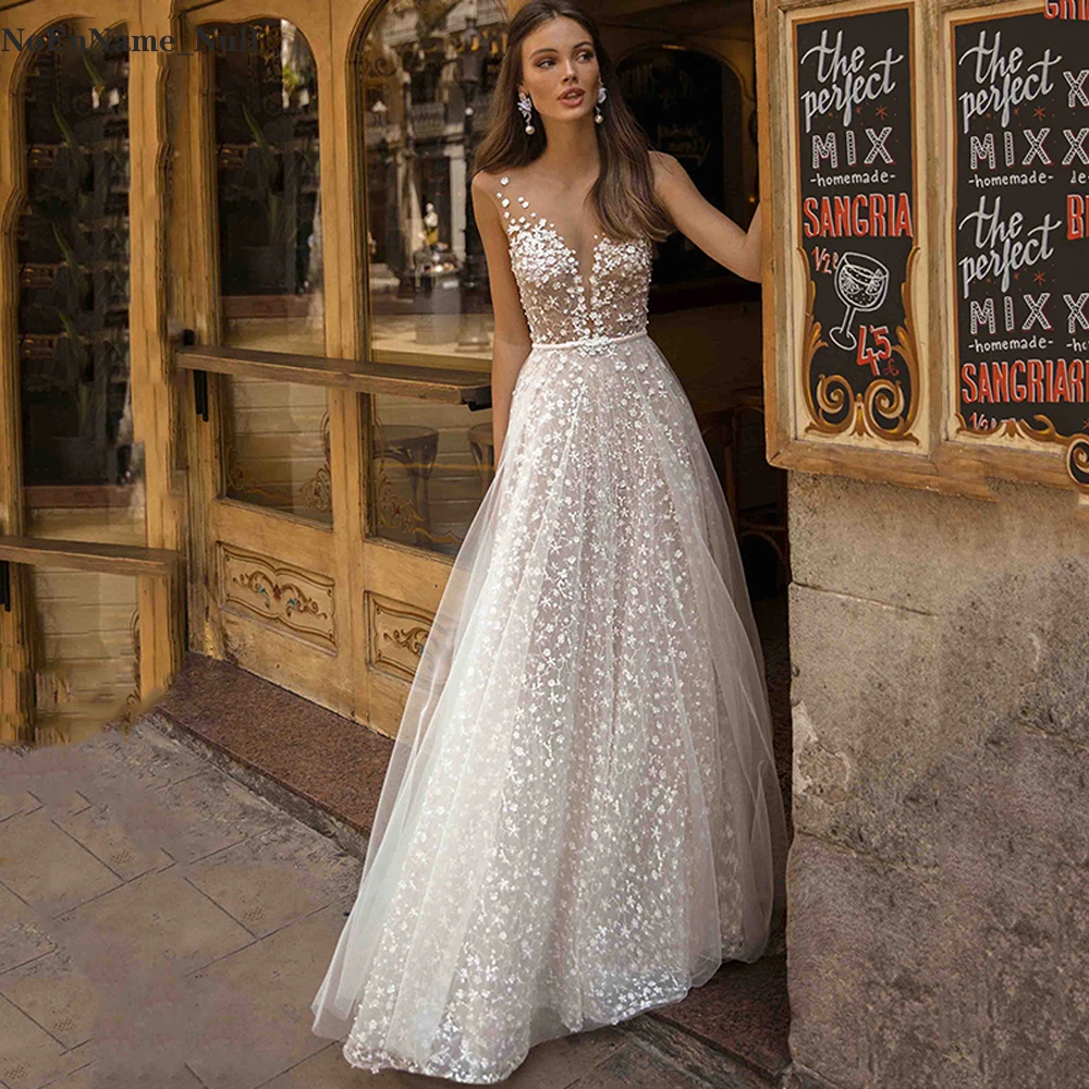 Vestidos de novia de encaje Acampanados para mujer, vestidos de novia de playa con cuello de pico profundo, hasta el suelo, glamurosos, talla grande, 2023