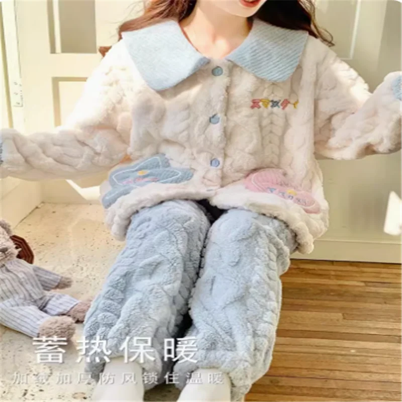 2024 New Coral Fleece Pajamas Women Thick Suit Lapels Cartoon Sweet Girls Flannel Loungewear Casual Warmth Famale Sleepwear Sets