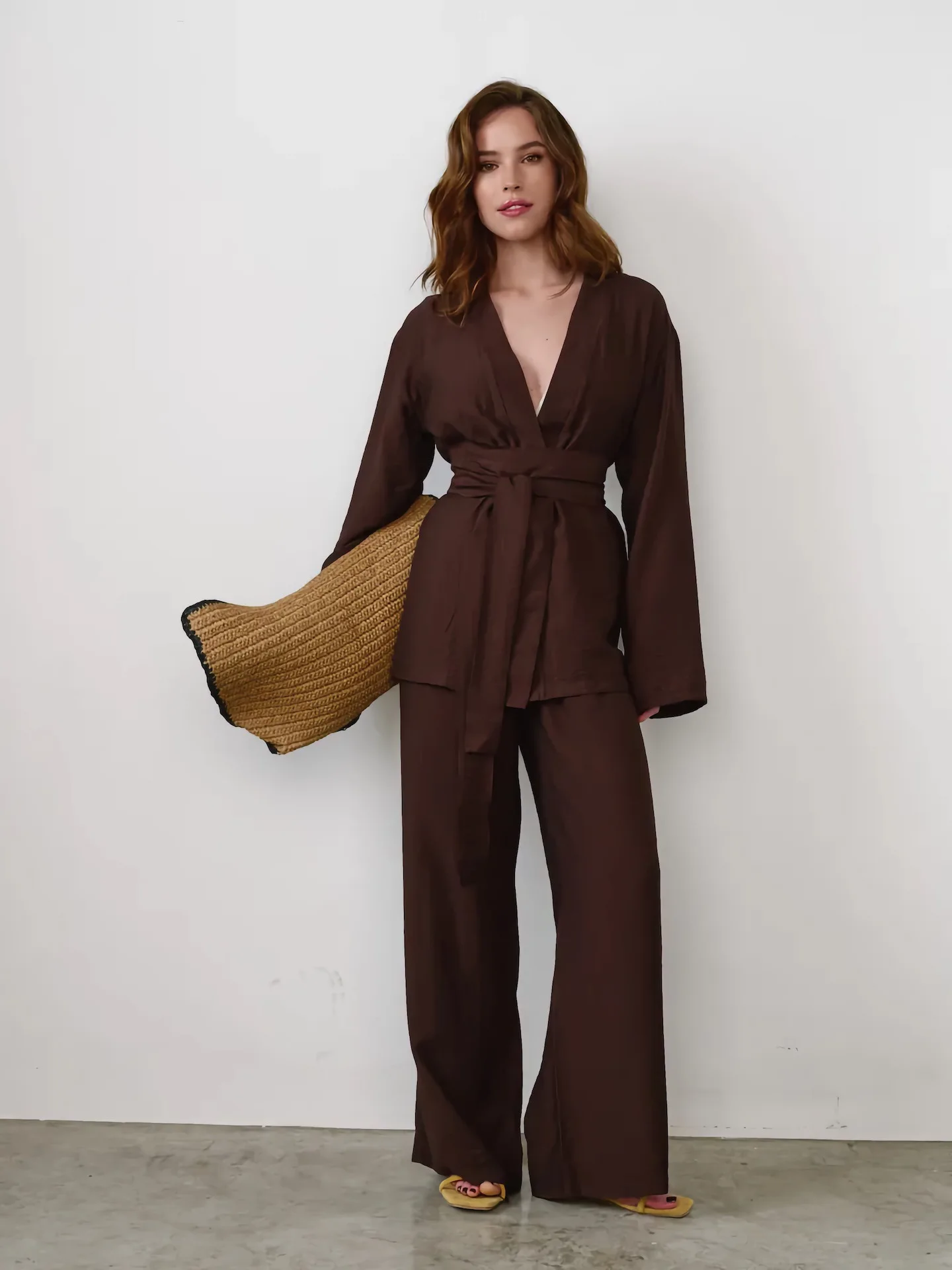 

Spring Casual Long Pants Suit Women Long Sleeve Lace Up Tops+high Waist Loose Wide-leg Pants Autumn Casual Female Two Piece Set