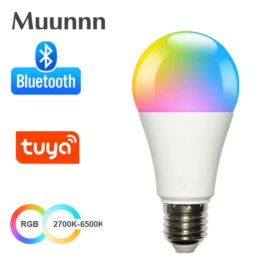 LED E27 Wireless App Bluetooth Smart Bulb Tuya APP Control Dimmable 15W RGB+CW+WW LED Color Change Lamp Compatible IOS/Android