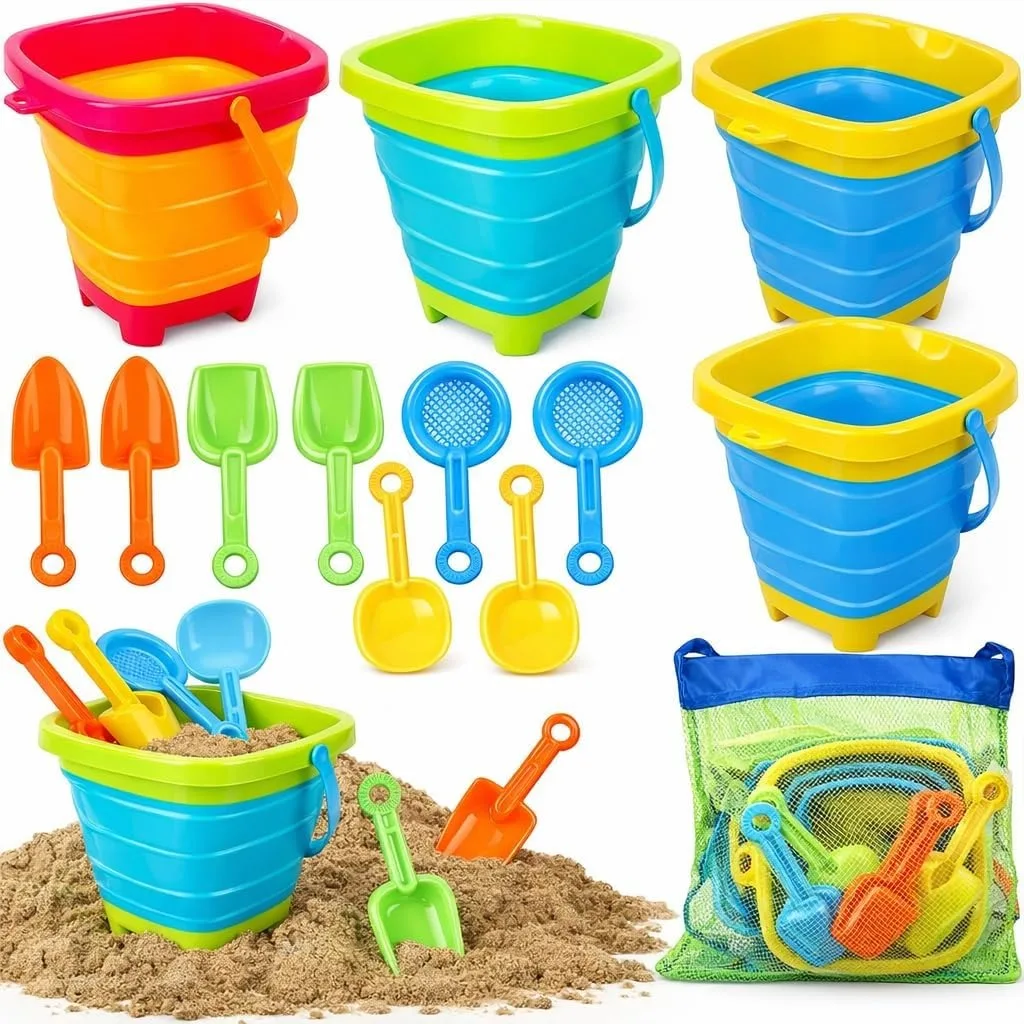 

Collapsible Beach Toys for Kids with 4 Silicone Sand Buckets & 8 Shovels & Mesh Bag, Travel Essentials for Toddlers Ages 3-8