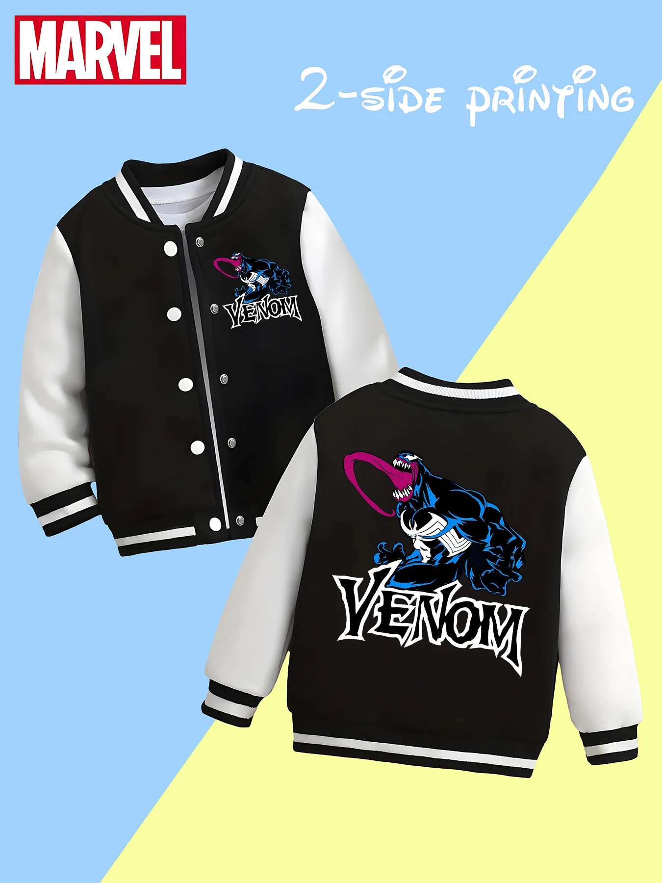 

MINISO Marvel Boys' Baseball Jacket - Venom Classic Double-Sided Graphic, Soft Fabric