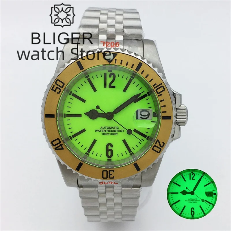 

BLIGER 40mm fluorescent green all-luminous dial sapphire glass Japan NH35 Automatic Men's Watch Date 10ATM Diver rotating bezel