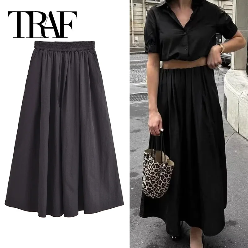 TRAF Black Pleated Skirt Women Red High Waist Midi Skirt Woman Fashion Casual Long Skirts For Women 2024 Summer Women\'s Skirts