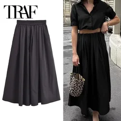 TRAF Black Pleated Skirt Women Red High Waist Midi Skirt Woman Fashion Casual Long Skirts For Women 2024 Summer Women's Skirts